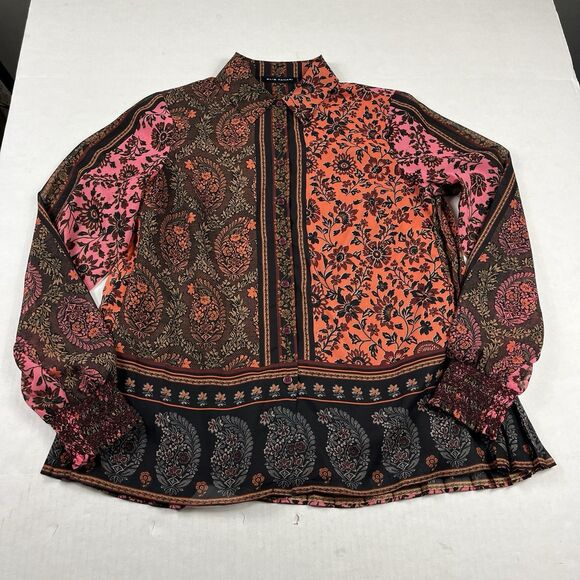 Elie Tahari Paisley Floral Blouse Small Button Front Bohemian Pleated Back Top - Picture 1 of 10